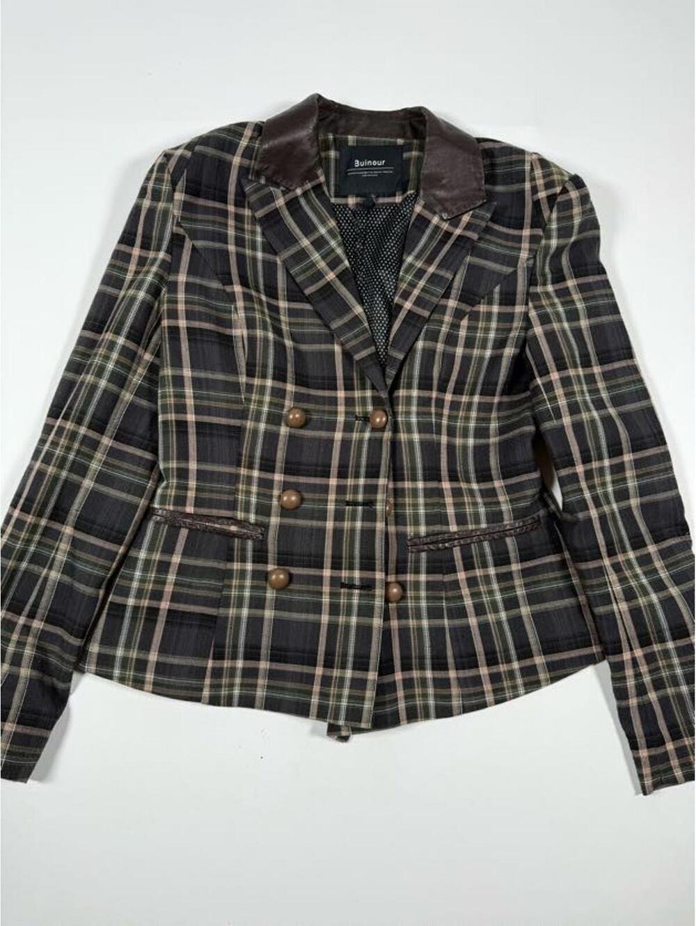 Buinour Plaid Double Breasted Blazer w/ Faux Leather Trim M